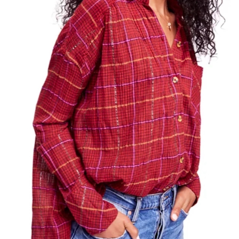 Free People Long Sleeve Metallic Plaid Button Up Shirt Cotton Women’s Size XS